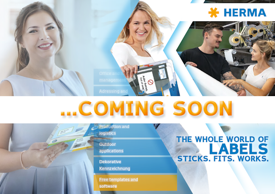 A woman holds a label and smiles, surrounded by images of labels and information about HERMA's products and services.