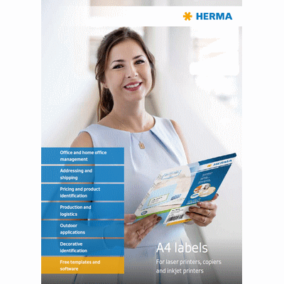 She is holding an information sheet about A4 labels for printers and copiers, listing various areas of application.