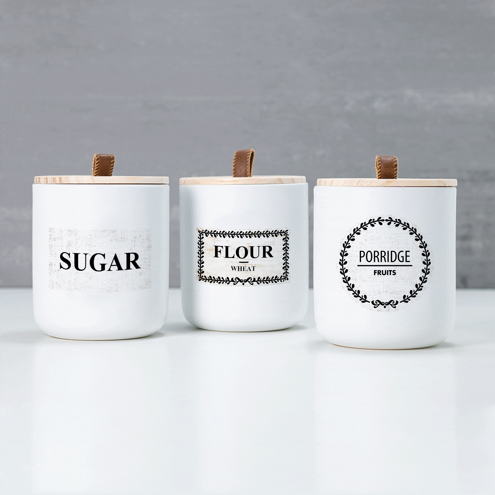 white labels with lettering