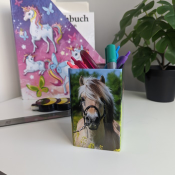 Application image of a pencil holder with horses on a child's desk.