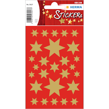 Red stickers with golden stars in various sizes on a sheet. Perfect for decoration and craft projects.