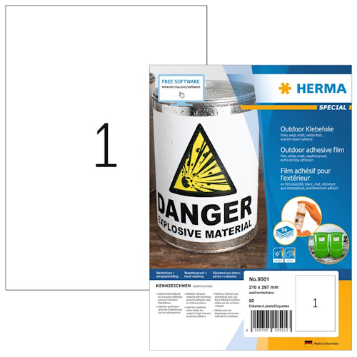 Pack of outdoor adhesive film from Herma, features a warning symbol for explosive materials. Includes information on usage and size.