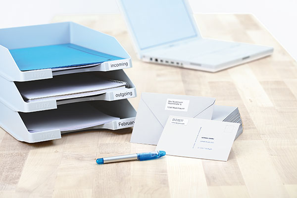 Sender labels and shipping instructions on envelopes and organizational systems