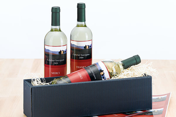 Labeled bottle labels on wine bottles