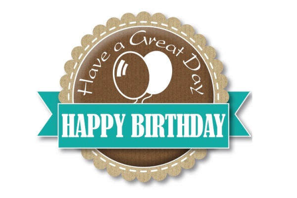 Round Happy Birthday sticker in brown and turquoise.
