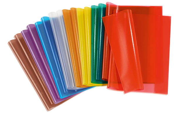 Image of transparent binder covers in various colors.