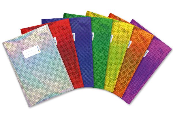 Illustration of a binder cover made from holographic glossy foil in various colors.