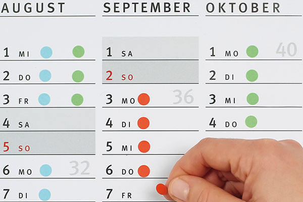 Color-coded markers stuck in the vacation calendar.