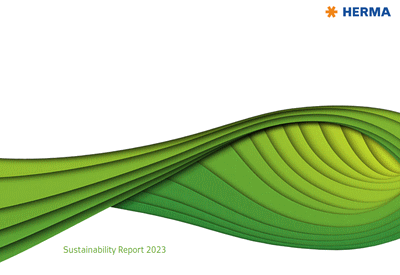 Green wave pattern with the text 'Sustainability Report 2023' and the HERMA logo in the upper right corner.