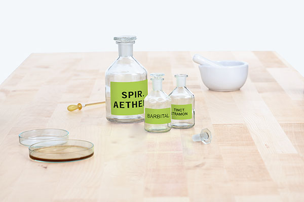 Image of neon labels on glass containers