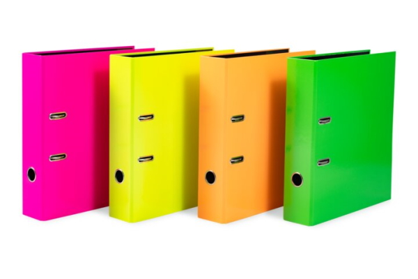 Several neon-colored binders