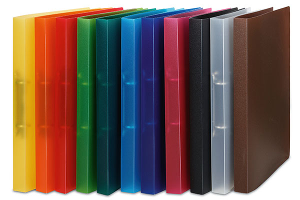 Image of plastic ring binders in various colors.