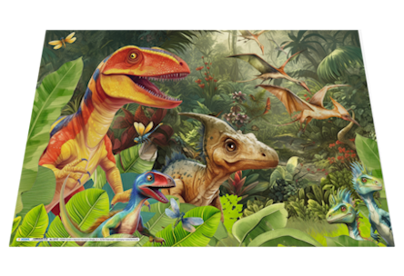 Dinosaurs in a lush jungle, including a Tyrannosaurus rex, a Velociraptor, and other prehistoric creatures, surrounded by greenery.