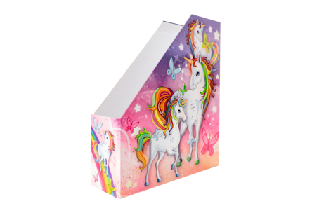 A colorful binder featuring unicorn motifs, rainbows, and butterflies on a pink-purple background.