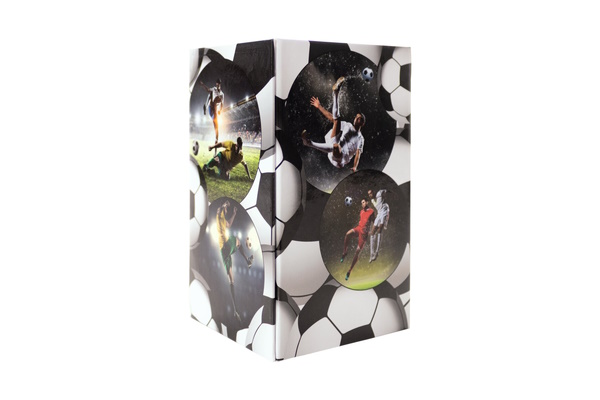 Illustration of a pencil holder with a soccer motif.