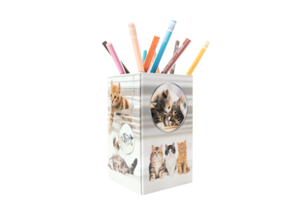 A pencil holder featuring pictures of cats and colorful pens sticking out.