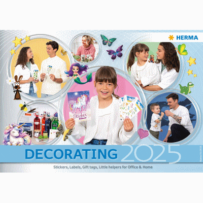 Decorative products for 2025, including stickers, labels, and crafting materials, presented by several individuals engaged in various activities.