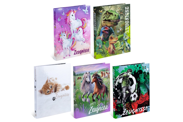 Six notebooks with various colorful cover designs, featuring unicorns, dinosaurs, cats, horses, and soccer.
