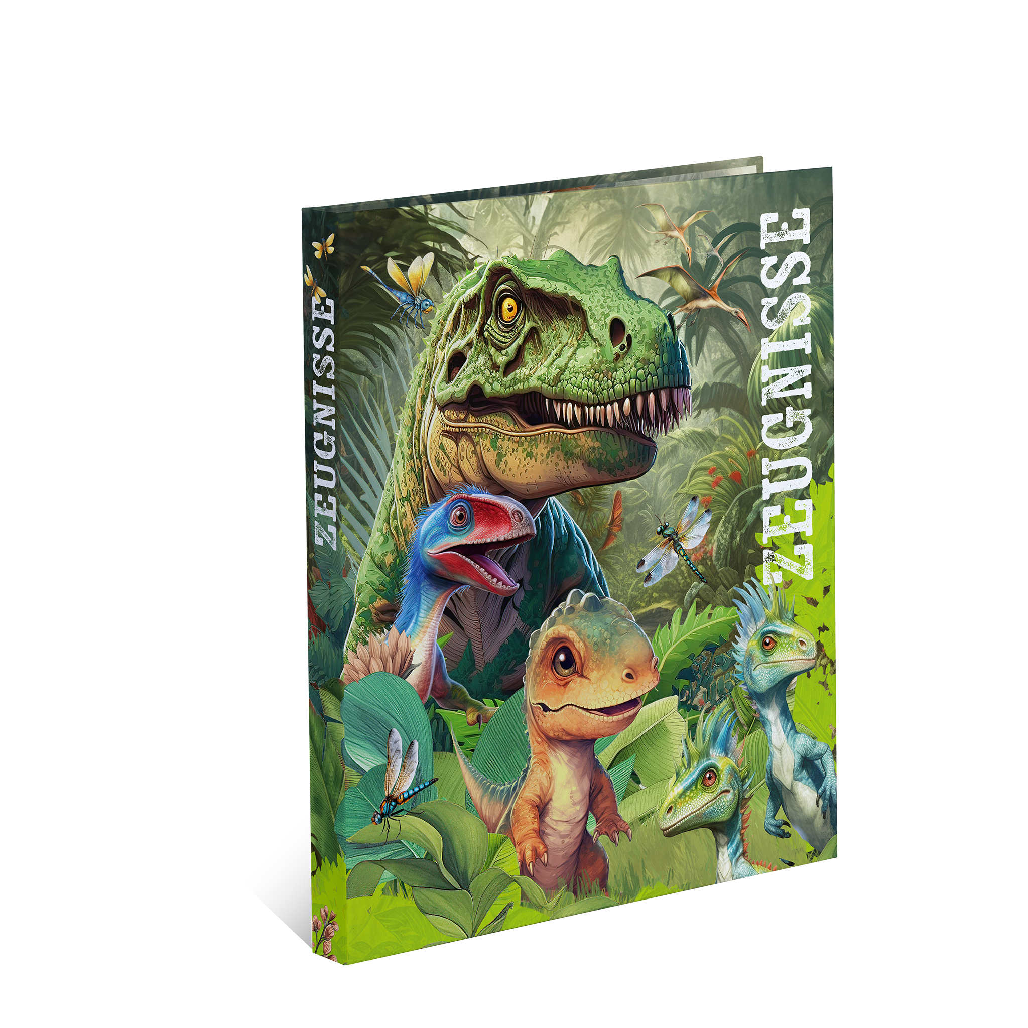 A colorful notebook featuring dinosaurs on the cover, including a Tyrannosaurus Rex and various other dinosaur species set against a green backdrop.
