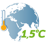 Globe with a thermometer showing a temperature of 1.5°C, symbolizes climate change and global warming.