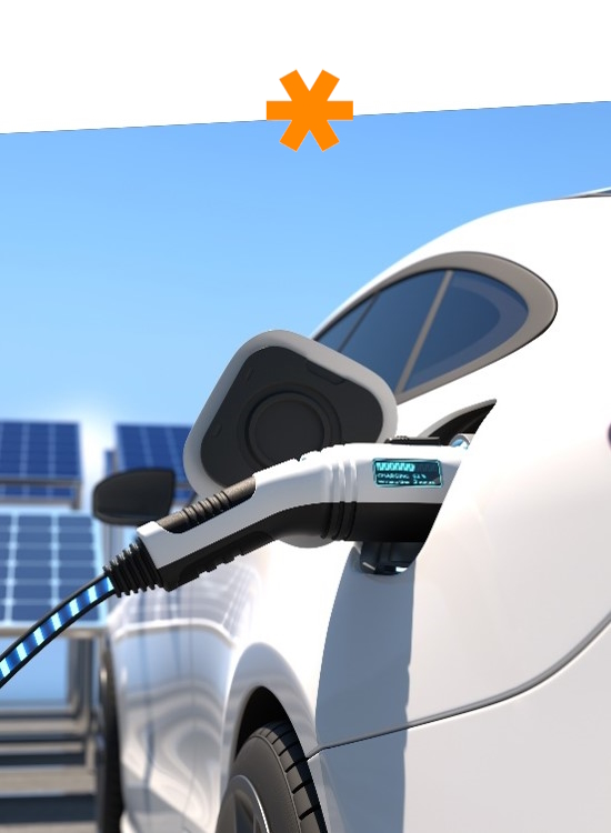 An electric car is being charged at a charging station, with solar panels visible in the background.