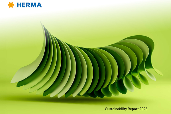 Green, wave-shaped paper strips that create a dynamic structure, with the text 'Sustainability Report 2025' at the bottom.