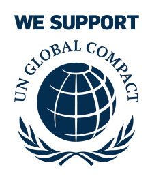 Support for the UN Global Compact with a globe and laurel wreath. Text: 'WE SUPPORT UN GLOBAL COMPACT.