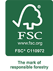 FSC logo on a green background, representing responsible forestry. Includes the website and certification number.