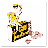 A cartoon character in a yellow uniform sits thoughtfully on a package of "TransParol," surrounded by torn corners.
