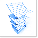 A stack of blue sheets with grid lines, partially overlapping, and a blue binder in the background.