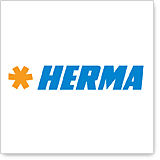 HERMA logo with orange star graphic and blue lettering.