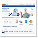 A woman points to a product on a website that offers various items and services.