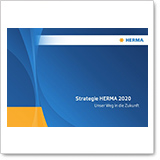 HERMA 2020 Strategy, cover page with a blue background and orange accent, emphasizes the path to the future.