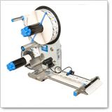 Labeling machine with two rolls, a dispenser, and a dispensing mechanism for precise labeling of products.