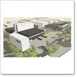 Architectural model of a modern building complex featuring multiple structures and surrounding green spaces.