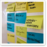 Sticky notes on a wall displaying various terms like 'Social Recruiting' and 'Email Delegation.