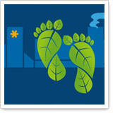 Green footprints made of leaves on a blue background with stylized buildings and a smoke signal.