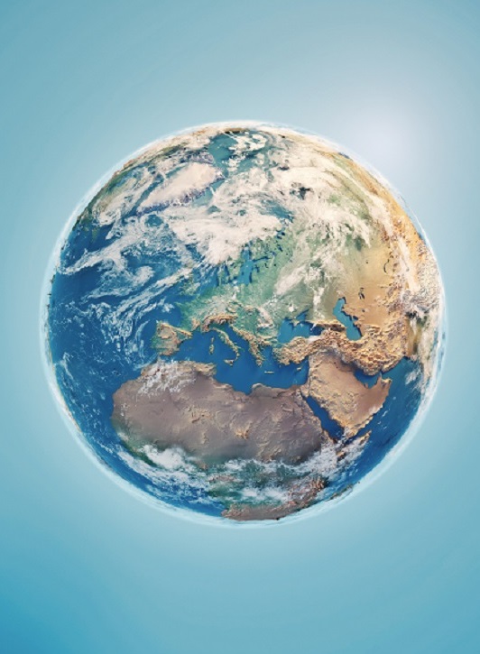 The Earth seen from space, with visible continents, oceans, and clouds, against a bright blue backdrop.