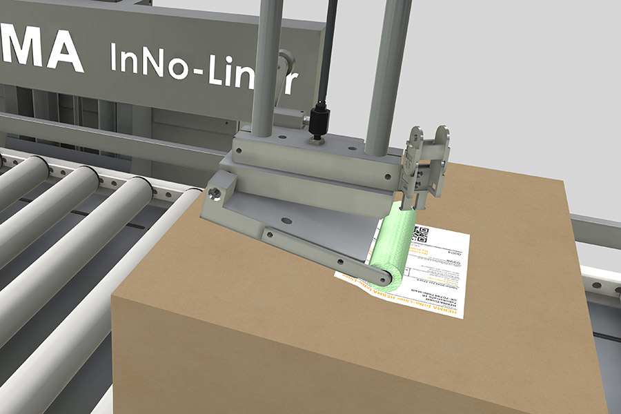 A labeler positions a label on a cardboard package while conveyor belts are in the background.