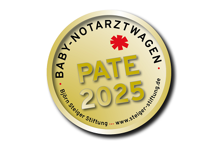 Round emblem with the text 'BABY EMERGENCY AMBULANCE PATRON 2025' and the logo of the Björn Steiger Foundation.
