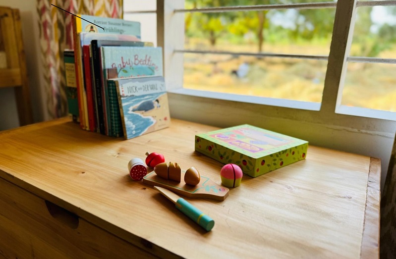 Colorful wooden toys and a toy knife are placed on a wooden table, while books stand in the background.