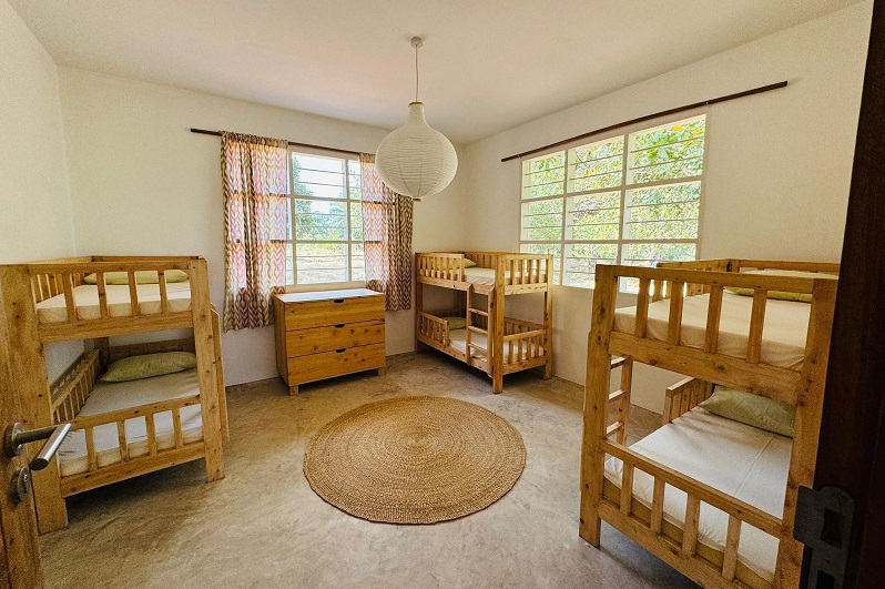 A bright children's room with two wooden bunk beds, a round rug, and a dresser. Windows with curtains let in natural light.