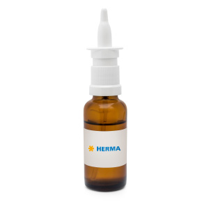 Brown glass bottle with a dropper cap, labeled 'HERMA'. Ideal for liquids or medications.