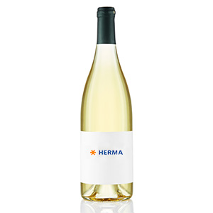 White wine bottle with a simple label that displays the name 'HERMA' in blue lettering.
