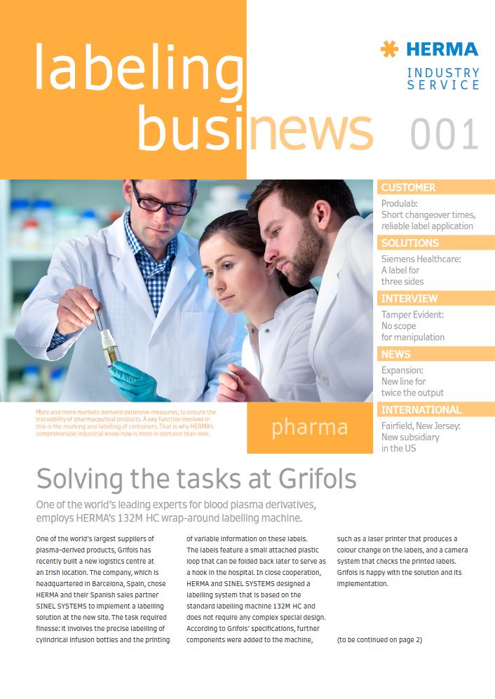 Three professionals in a lab are examining a sample while working on a labeling machine. Text about pharmaceutical solutions and clients.