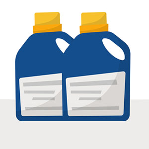 Two blue bottles with yellow caps that have labels without any visible text.