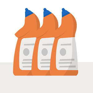 Three bottles with orange caps, containing cleaning products, are lined up next to each other on a white surface.