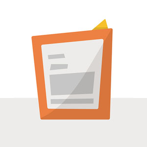 An orange folder with a document that is partially visible. The folder has a yellow label on top.