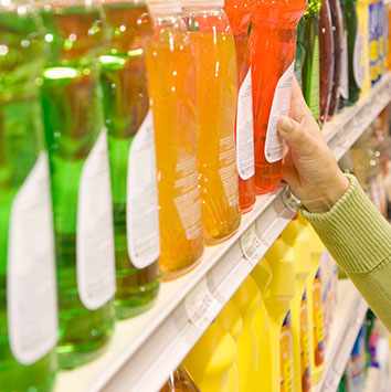 A hand reaches for a red bottle on a shelf filled with various colored bottles, including green and orange ones.