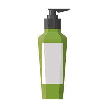 Green bottle with a pump cap, empty, featuring a white label on the front. Perfect for lotions or liquids.
